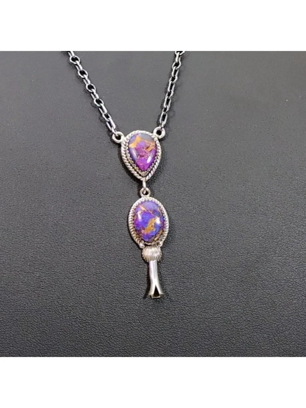 Southwest Violet Purple Dahlia Turquoise Sterling Silver Squash Blossom Necklace